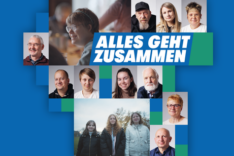 Alles geht zusammen Die Collage zeigt die Gesichter von Menschen, die im VdK ehrenamtlich aktiv sind, sowie das Logo Alles geht zusammen